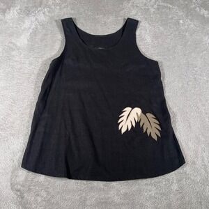 Linda G. Honolulu Tank Top XXS Black Linen Sleeveless Embroidered Palm Tree